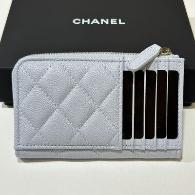 Chanel Classic Zip Long Cardholder Cow Light Grey Silver