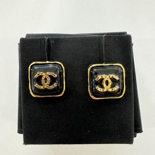 Chanel Square Earring Black Gold CC Logo