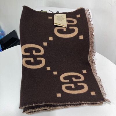 Gucci GG Jacquard wool silk scarf Brown Beige